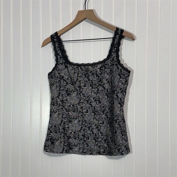 Cache Black Floral Jacquard Corset Tank Top L Lace Trim Y2K Whimsigoth VTG - Picture 1 of 9
